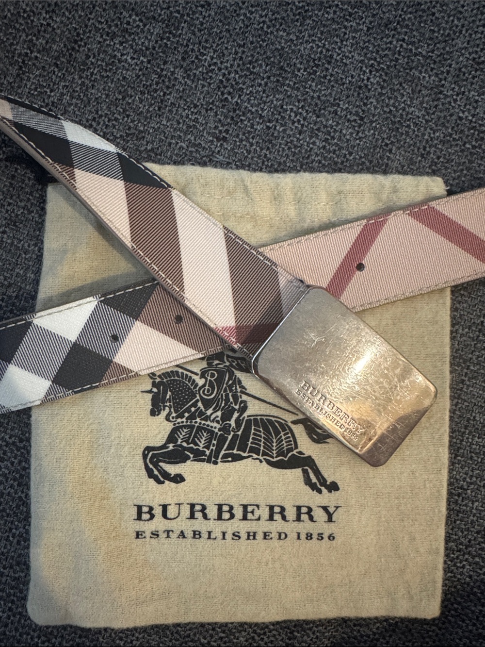 Burberry Check Canvas Belt in Beige, Brown and Black with Metal Buckle